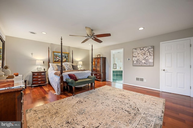 bedroom featuring dark hardwood / wood-style floors and ceiling fan