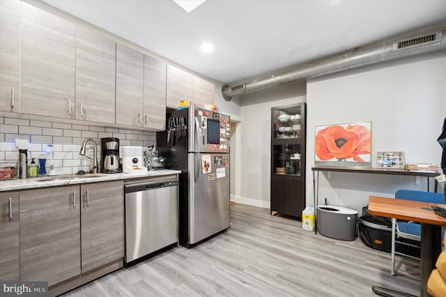 kitchen with appliances with stainless steel finishes, sink, decorative backsplash, and light wood-type flooring