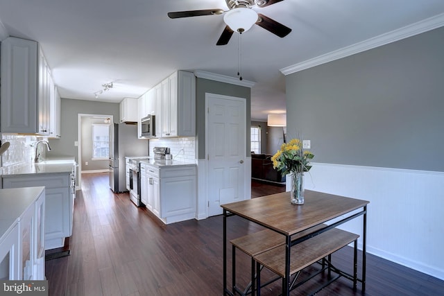 kitchen with white cabinetry, ornamental molding, appliances with stainless steel finishes, and dark hardwood / wood-style floors