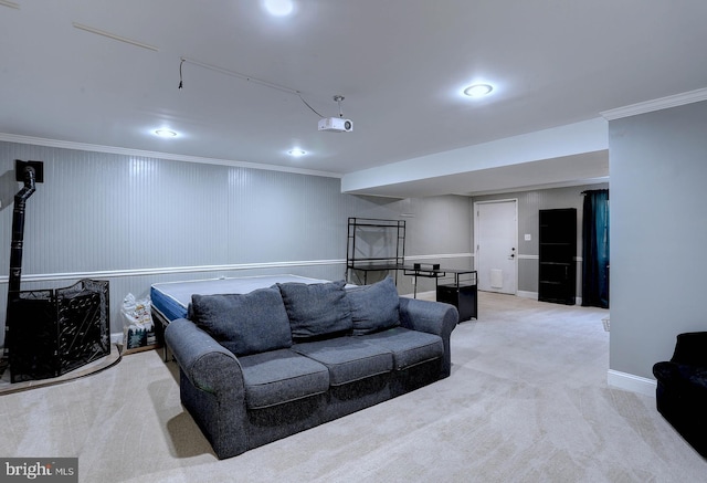 living room featuring crown molding and light carpet