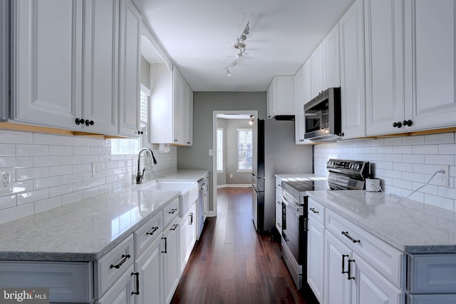 kitchen with appliances with stainless steel finishes, white cabinetry, sink, light stone countertops, and dark wood-type flooring