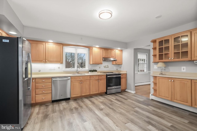 kitchen with tasteful backsplash, a baseboard radiator, sink, light hardwood / wood-style floors, and stainless steel appliances