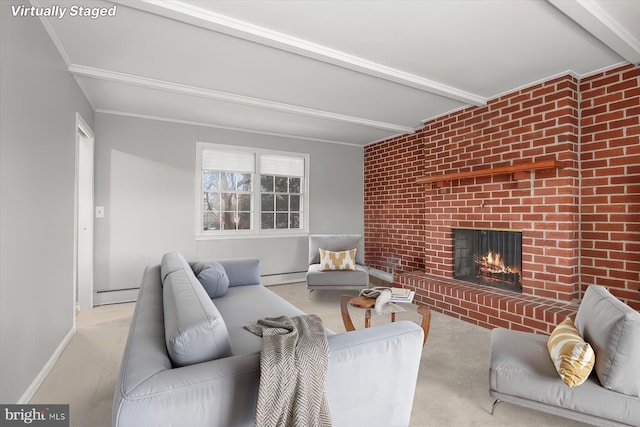 living room with beamed ceiling, light colored carpet, a brick fireplace, and a baseboard heating unit