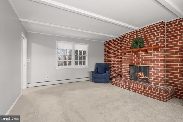 unfurnished living room featuring beamed ceiling, a brick fireplace, a baseboard heating unit, and light colored carpet