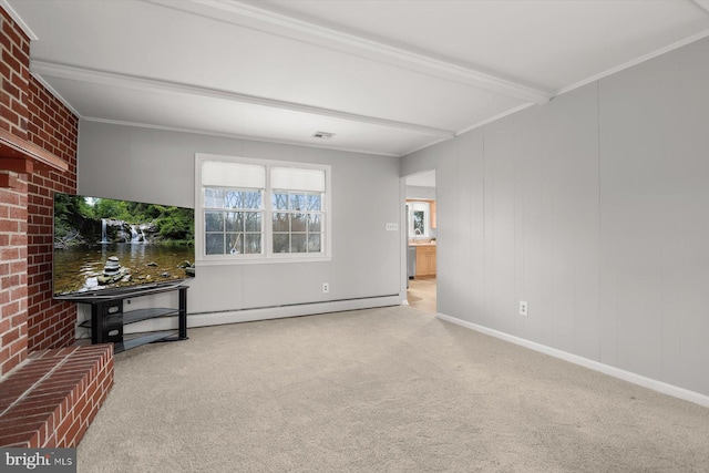 carpeted living room with crown molding, brick wall, beam ceiling, and baseboard heating