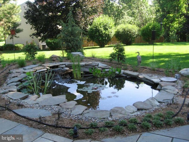 view of yard featuring a small pond