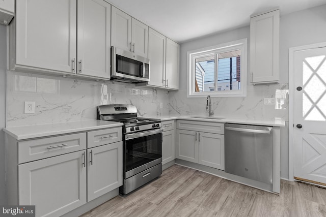 kitchen with sink, white cabinetry, stainless steel appliances, tasteful backsplash, and light wood-type flooring