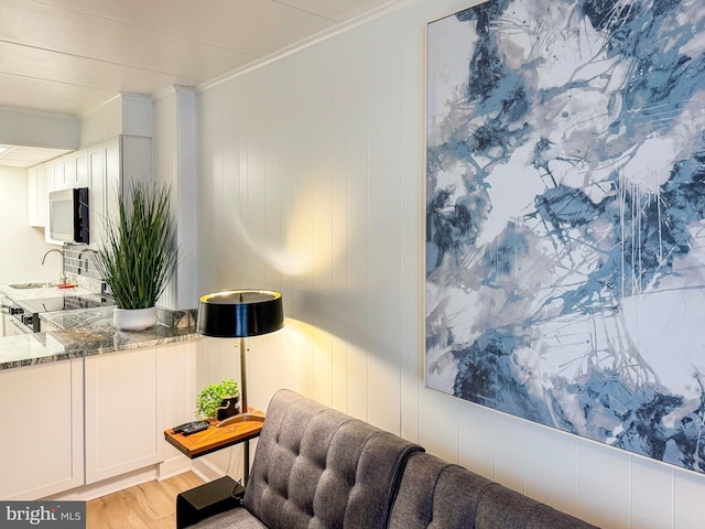 interior space with ornamental molding, sink, and light hardwood / wood-style floors