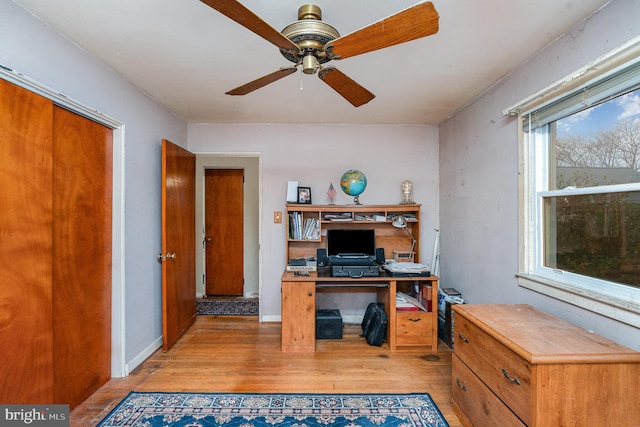 home office featuring ceiling fan and light hardwood / wood-style floors