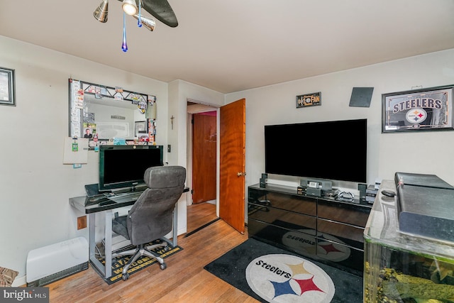 office area featuring ceiling fan and light wood-type flooring