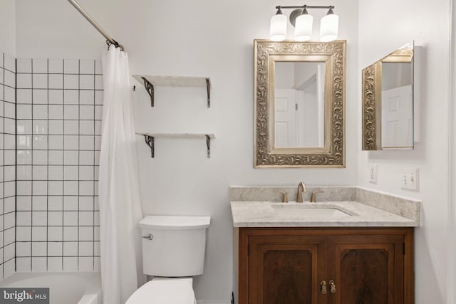 full bathroom with vanity, toilet, and shower / bath combo with shower curtain