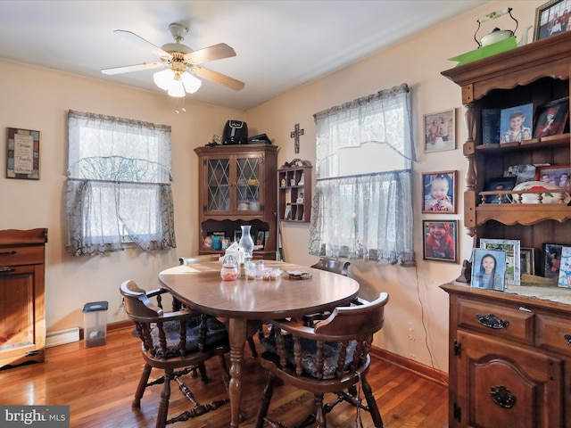 dining room featuring a baseboard radiator, ceiling fan, and light hardwood / wood-style floors