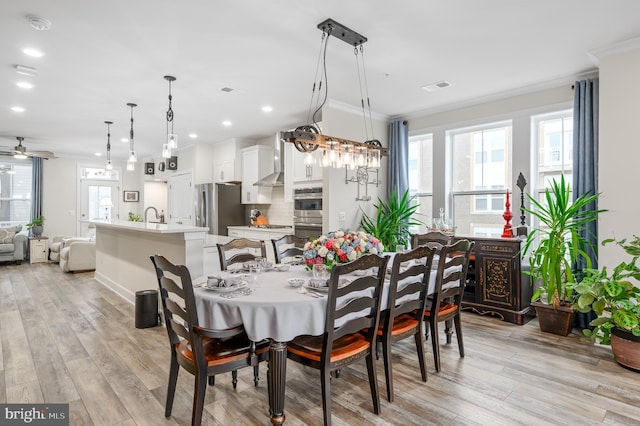 dining area with ornamental molding, sink, and light hardwood / wood-style flooring