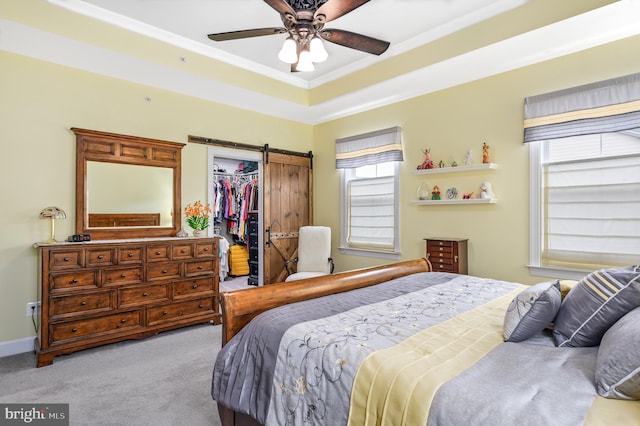 carpeted bedroom featuring a barn door, ornamental molding, a closet, a walk in closet, and a raised ceiling