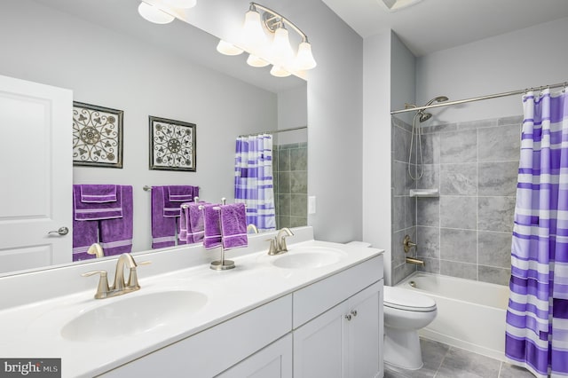 full bathroom with toilet, vanity, shower / bathtub combination with curtain, and tile patterned flooring