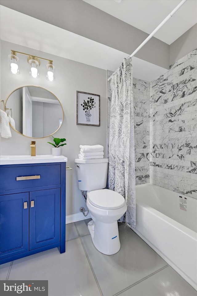 full bathroom featuring vanity, shower / tub combo with curtain, and toilet