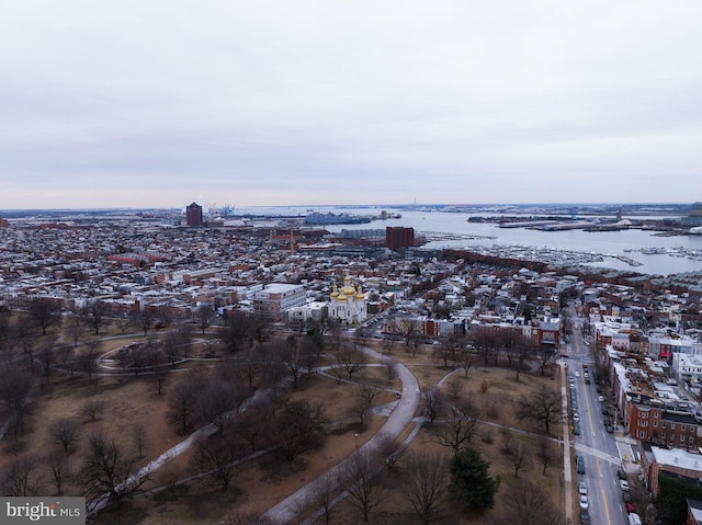 drone / aerial view featuring a water view