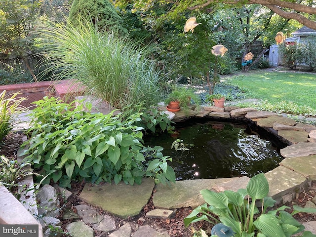 view of yard featuring a garden pond