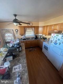 kitchen featuring dark hardwood / wood-style flooring, ceiling fan, and white fridge