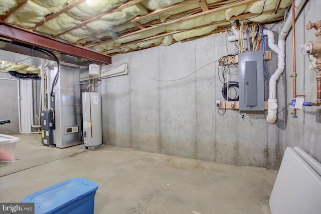 basement with heating unit, electric panel, and water heater