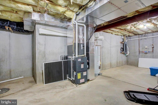 utility room featuring heating unit and water heater