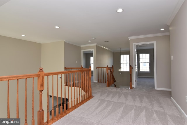 hall featuring crown molding and light carpet