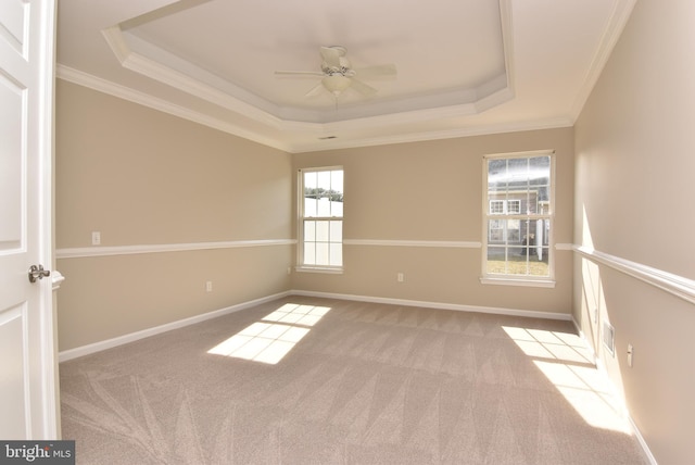 carpeted spare room with crown molding, ceiling fan, and a raised ceiling