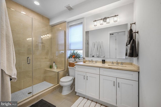 bathroom featuring tile patterned flooring, visible vents, a shower stall, toilet, and a sink