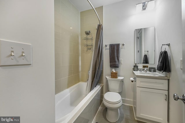 full bathroom with tile patterned flooring, baseboards, toilet, shower / tub combo with curtain, and vanity