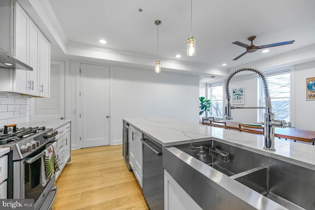 kitchen with light wood finished floors, a sink, hanging light fixtures, appliances with stainless steel finishes, and crown molding