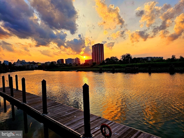 view of dock with a water view