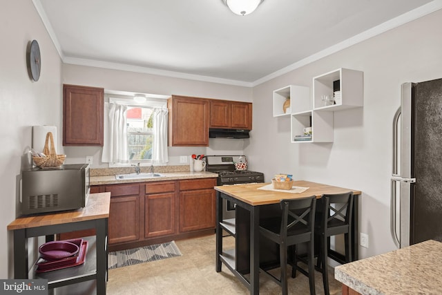 kitchen featuring stainless steel appliances, ornamental molding, and sink