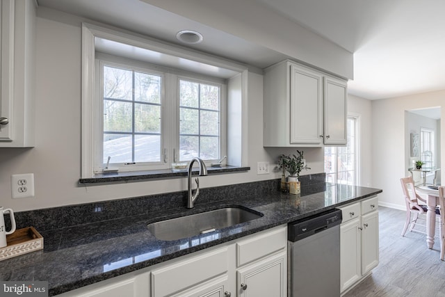 kitchen featuring white cabinetry, stainless steel dishwasher, dark stone counters, and sink