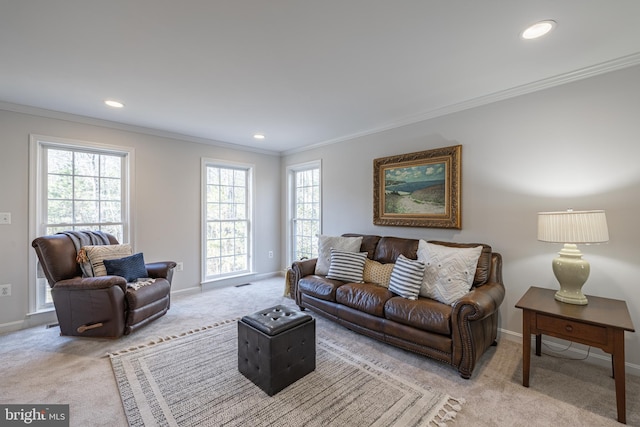 living room featuring crown molding, light colored carpet, and a healthy amount of sunlight