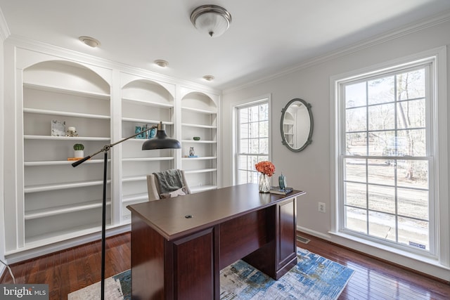 office with ornamental molding and dark hardwood / wood-style flooring