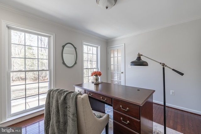 office with dark hardwood / wood-style flooring and ornamental molding