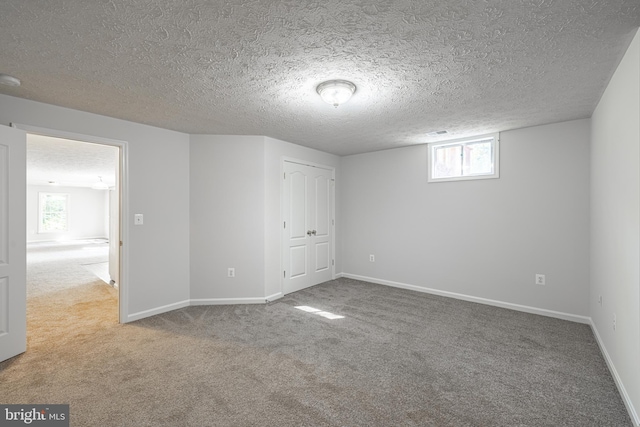 interior space featuring a closet, a textured ceiling, and carpet