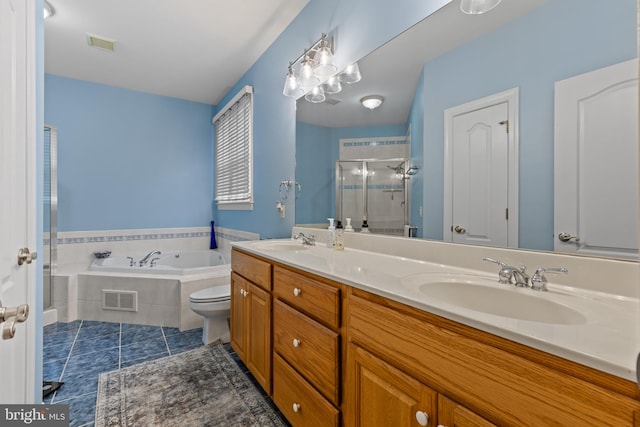 full bathroom with toilet, tile patterned floors, shower with separate bathtub, and vanity