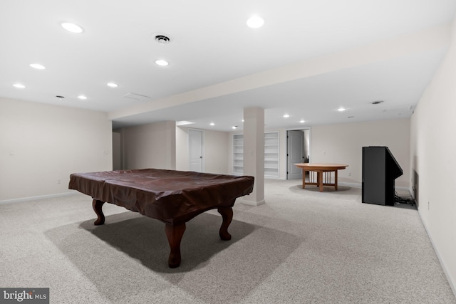 game room with billiards and light carpet