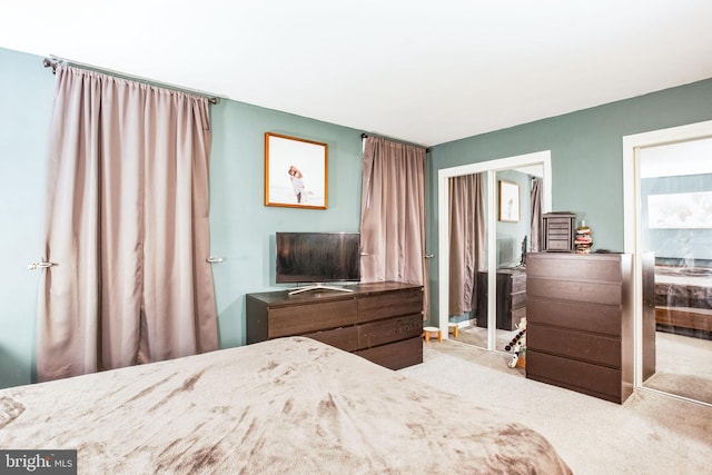 bedroom featuring light carpet and a closet