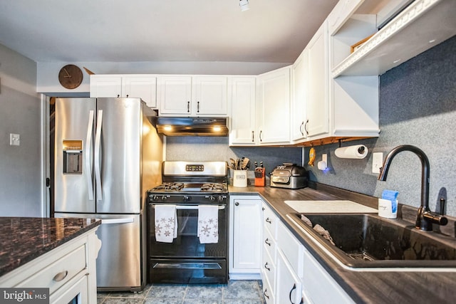 kitchen with white cabinets, sink, stainless steel fridge with ice dispenser, and black gas range