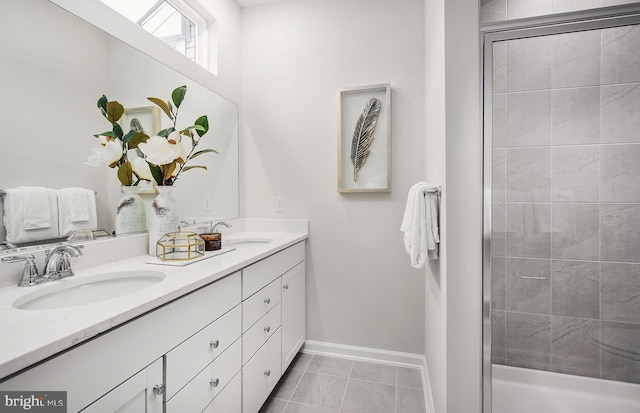 bathroom with walk in shower, tile patterned floors, and vanity