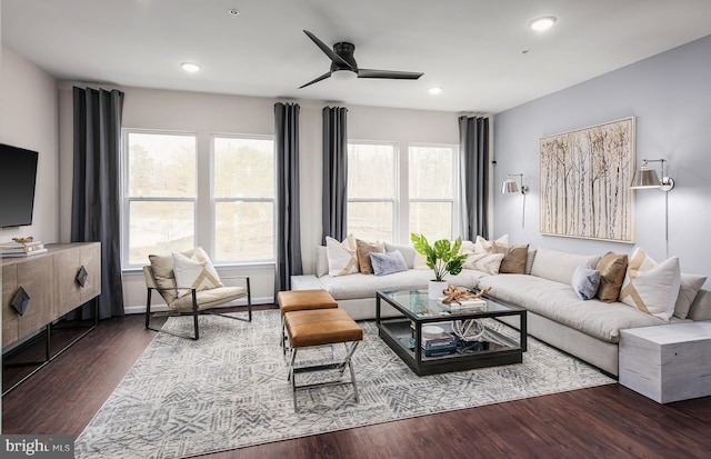 living room featuring ceiling fan, a healthy amount of sunlight, and dark hardwood / wood-style flooring