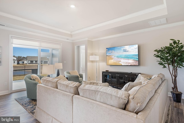 living room featuring hardwood / wood-style flooring, crown molding, and a raised ceiling