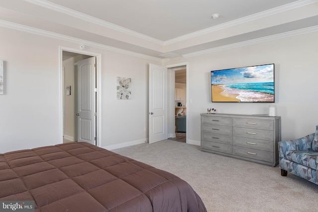 bedroom featuring crown molding and light colored carpet