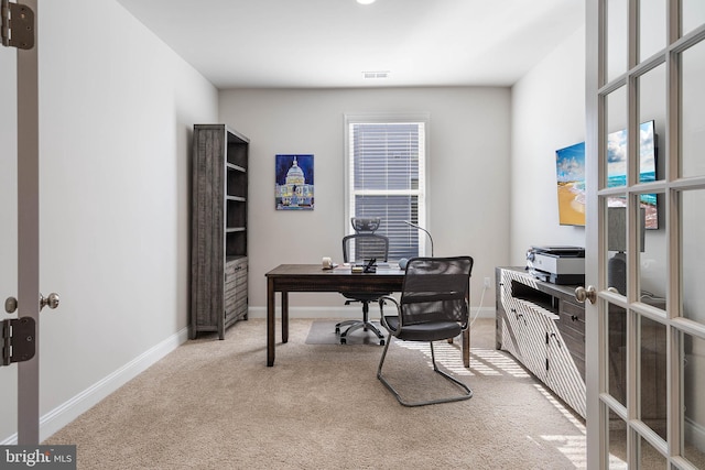 office featuring carpet flooring and french doors