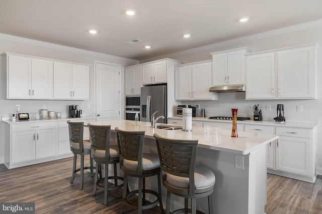 kitchen with sink, white cabinetry, a kitchen island with sink, stainless steel appliances, and ornamental molding