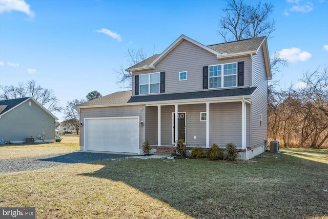 view of front of home featuring a garage, a front yard, central AC unit, and covered porch