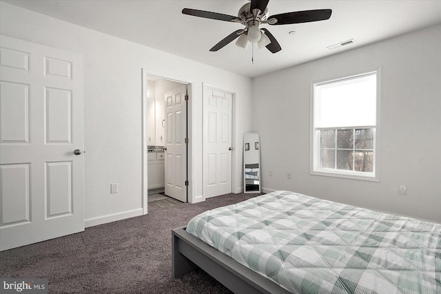 carpeted bedroom featuring ceiling fan and connected bathroom