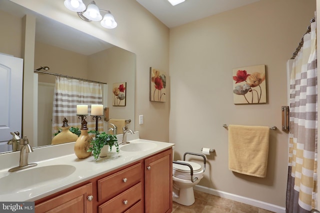 bathroom featuring vanity, walk in shower, tile patterned floors, and toilet